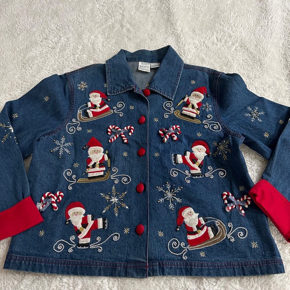 VTG Bleu Bayou Blue Denim Jacket Sz M Santa Winter Holiday Christmas Cotton